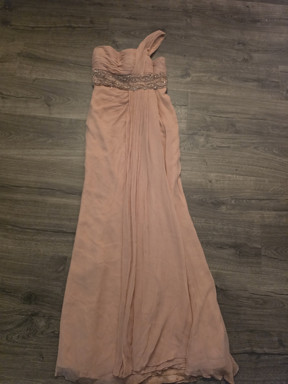 One-Shoulder Blush Pink Chiffon Wedding Dress with Beaded Waist